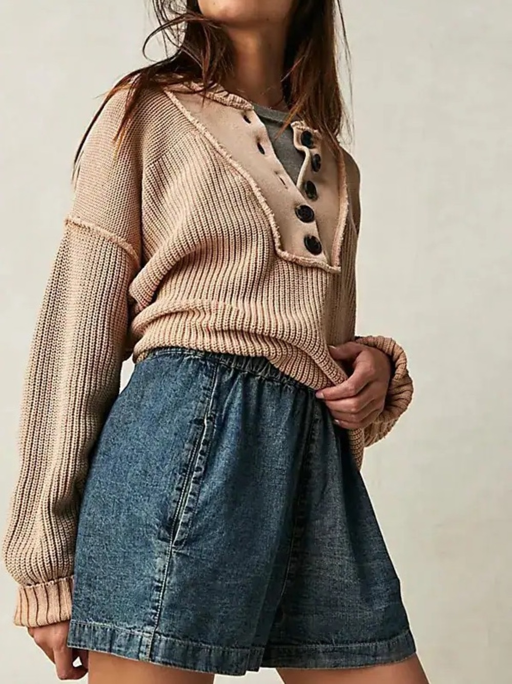 Free People Tan Maggie Sweater Henley Size Medium Oversized Ribbed Knit Boho